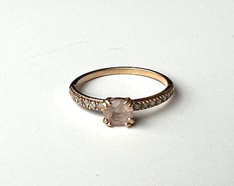 Arksanas Pink Quartz Gum Drop Engagement Ring 14k Yellow with little diamonds and 5mm pink Arkansas quartz or blue diamond engagement ring