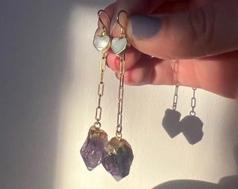 Handmade Earrings Amethyst Chain Drop Dangles with Pearl Heart