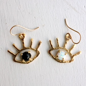 Mismatched Eye Earrings - Gold Plated Onyx and Opal Eye Dangles Earrings with Eye Lashes Evil Eye Gold Earrings