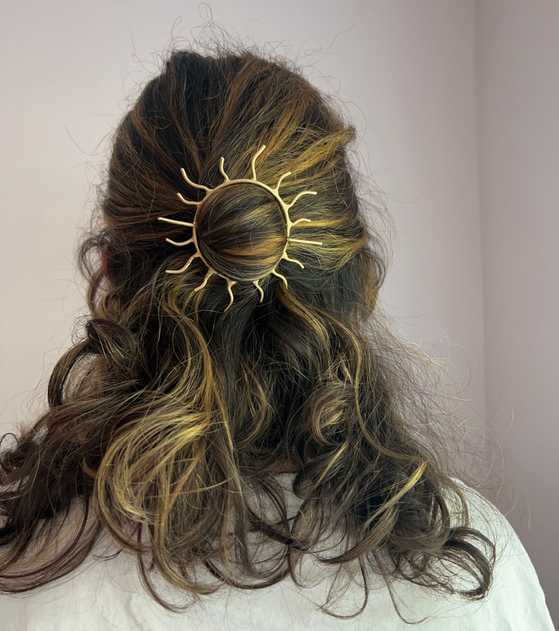 Sunburst Hair Pin Handmade Solid Brass Hair Slide Bun Pin Bridal Hair Special Occasion Hairclip hippie hair style rachel pfeffer original image 1