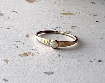 Handmade Dainty hammered Australian Opal 14k gold filled ring bezel flattened band