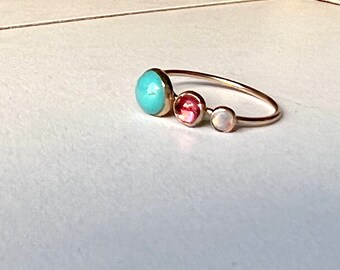 Handmade HANDMADE Three stone Goldilocks Ring with Turquoise, Tourmaline, and Australian OPal