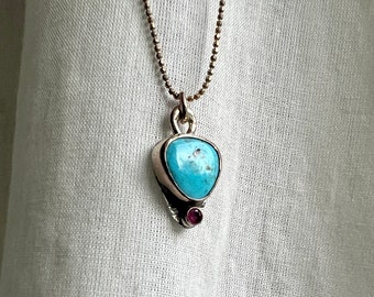 Small Triangular Turquoise and Ruby Pendant Handmade by Rachel Pfeffer in sterling silver 14k gold and goldfill