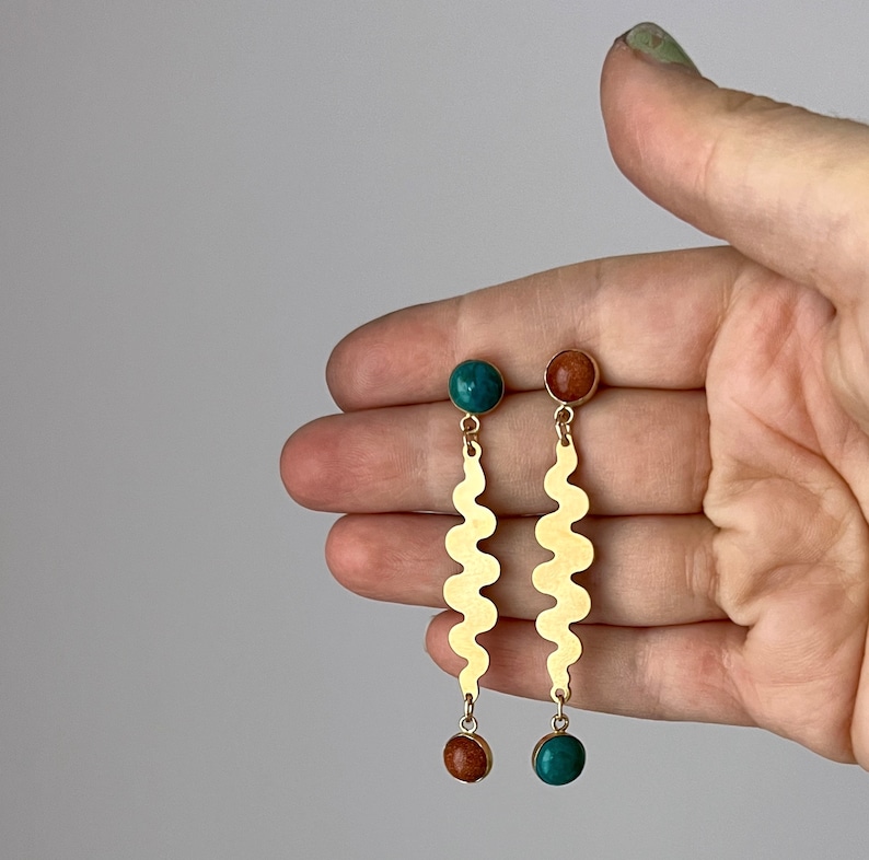 Handmade Squiggle Earrings with Chrysocolla and Goldstone in brass and 14k gold filled stud dangle party earrings image 3