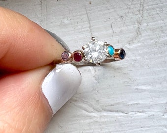 Half carat diamond rainbow wiggle ring in 14k white and yellow gold vintage setting reclaimed diamond ruby turquoise sapphire one of a kind