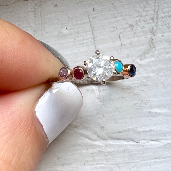 Half carat diamond rainbow wiggle ring in 14k white and yellow gold vintage setting reclaimed diamond ruby turquoise sapphire one of a kind