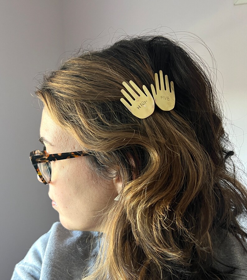 Handmade High Five Hair Barrette Hair Clip Two Hands Brass Hand Hairlip image 3