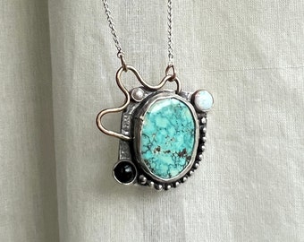 Abstract Kandisnky-esque Turquoise Opal and Onyx and Pearl Handmade Sculptural Pendant