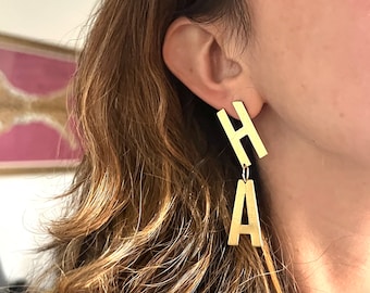 Handmade Ha HA Funny earrings cut out letter dangle statement earrings in brass handmade by Rachel Pfeffer