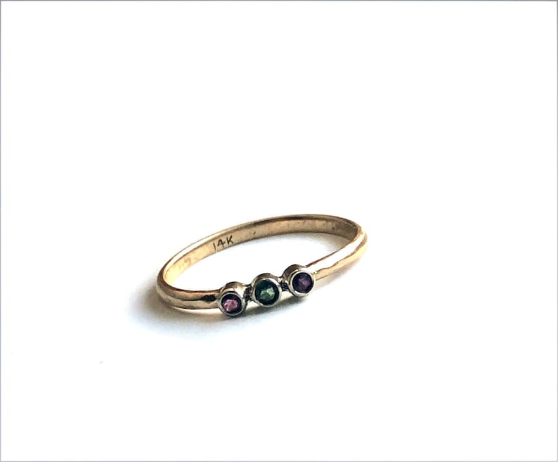 Tiny 2mm triple three stone bezel band ring ruby tourmaline two toned 14k white yellow gold
