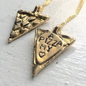 Pizza My Heart Slice Mother's Day Necklace  - Handmade Carved Pizza Slice with hearts that says A pizza my heart Rachel Pfeffer Original