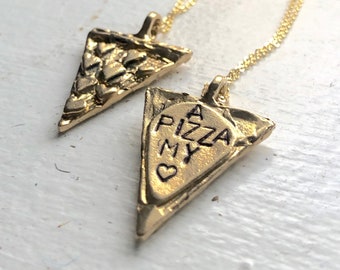 Pizza My Heart Slice Mother's Day Necklace  - Handmade Carved Pizza Slice with hearts that says A pizza my heart Rachel Pfeffer Original