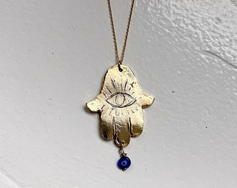 Handmade Hand Carved Hamsa / Hand Necklace with Evil Eye plated in 14k gold with gold eye bead