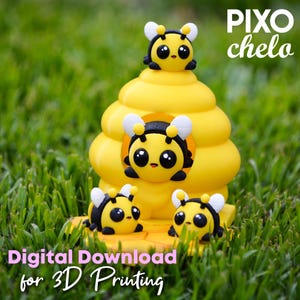 May include: A 3D printed model of a beehive with four cute cartoon bees. The bees are yellow with black stripes and have big eyes. The beehive is yellow and has a honeycomb pattern. The text "Pixo chelo" is written in white letters on a black background. The text "Digital Download for 3D Printing" is written in pink letters on a white background.