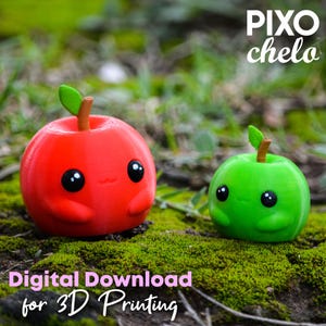Puede incluir: Dos figuritas de manzanas impresas en 3D con caras lindas. La manzana roja tiene un tallo y una hoja verdes. La manzana verde tiene un tallo y una hoja marrones. El texto "Pixo chelo" y "Descarga digital para impresión 3D" es visible en la imagen.