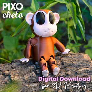 May include: A 3D printed brown monkey figurine with large black eyes and a pink face, sitting on a tree trunk. The text "Digital Download for 3D Printing" is written in pink letters below the monkey.