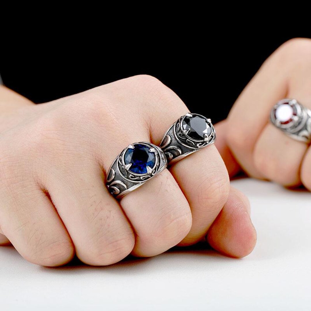 Goth Round Gemstone Carved Titanium Ring, Gothic Celtic Stainless Steel ...