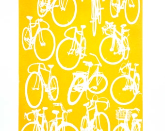 Cycling Decor Artisanal Elegance: Handmade Yellow and White Bicycle Screenprint - Limited Edition Cycling Charm