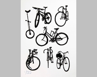 Klassieke zwart-witte fietskaart silhouetten fietsen - fiets art print, fiets art print, fiets kunst, fiets poster print