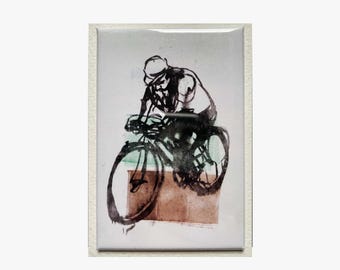 Imán de arte ciclista: Ilustración artesanal de una bicicleta para decorar la cocina.