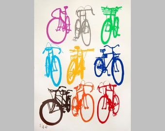 Groot formaat kleurrijke fiets silhouetten fietsen - fiets art print, fiets art print, fiets kunst, fiets poster print