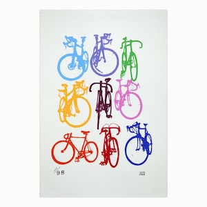 Serigrafía colorida con siluetas de bicicletas de carretera y pista, impresión artística de ciclismo, decoración de pared con bicicletas lista para enmarcar