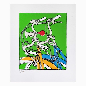 Cycling Art Print: Two Bikes on Green, Limited Edition Screen Print