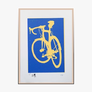 Blue and Gold Sprint - Road Bike Screen Print Silhouette Handmade Bicycle Illustration Art Print, Abstract Minimalist Colorful Wall Art