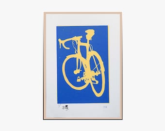 Bicycle Art Print – Blue & Gold Road Bike Silhouette – Handmade Screenprint