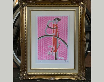 Charming Vintage Track Bike Screenprint - Red Bike on Hot Pink Color Patterned Background - Limited Edition of 30 - Size: 14.50 x 9.50