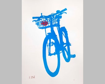 Bike Love  Bicycle  Art Print Blue Mountain Bike with Heart in Basket