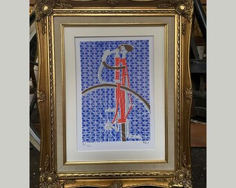 Charming Vintage Track Bike Screenprint - Red Bike on Deep Blue Patterned Background - Limited Edition of 61 - Size: 14.50 x 9.50