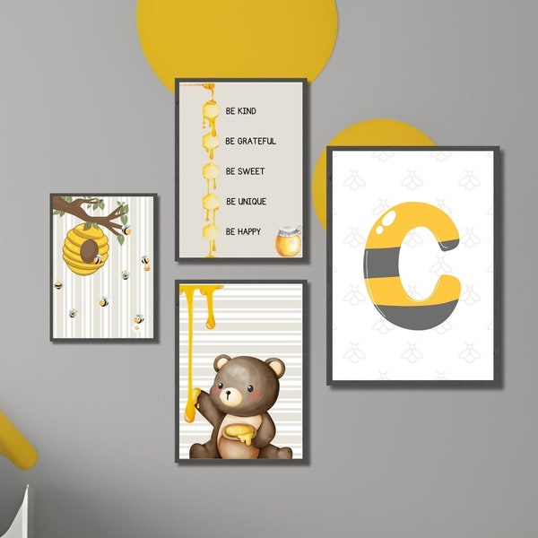 Honey Bear and Honey Bee Nursery Prints, Bumble Bee Decor, Nature Theme Poster,Cute Nursery Decor, Animal Kidsroom Wall Art,Set of 4 Digital