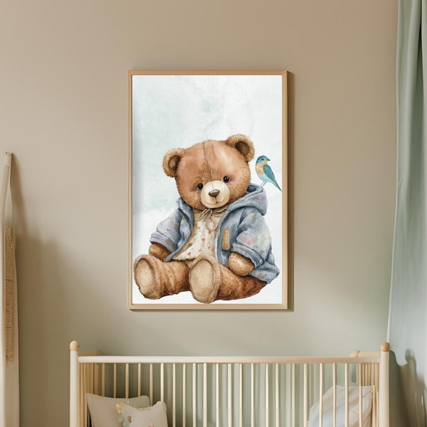 Baby Bear and Bird Nursery Print, Modern Kids Prints for Playroom, Kids Room Decor, Retro Wall Art for Children, Printable Baby Animal Art