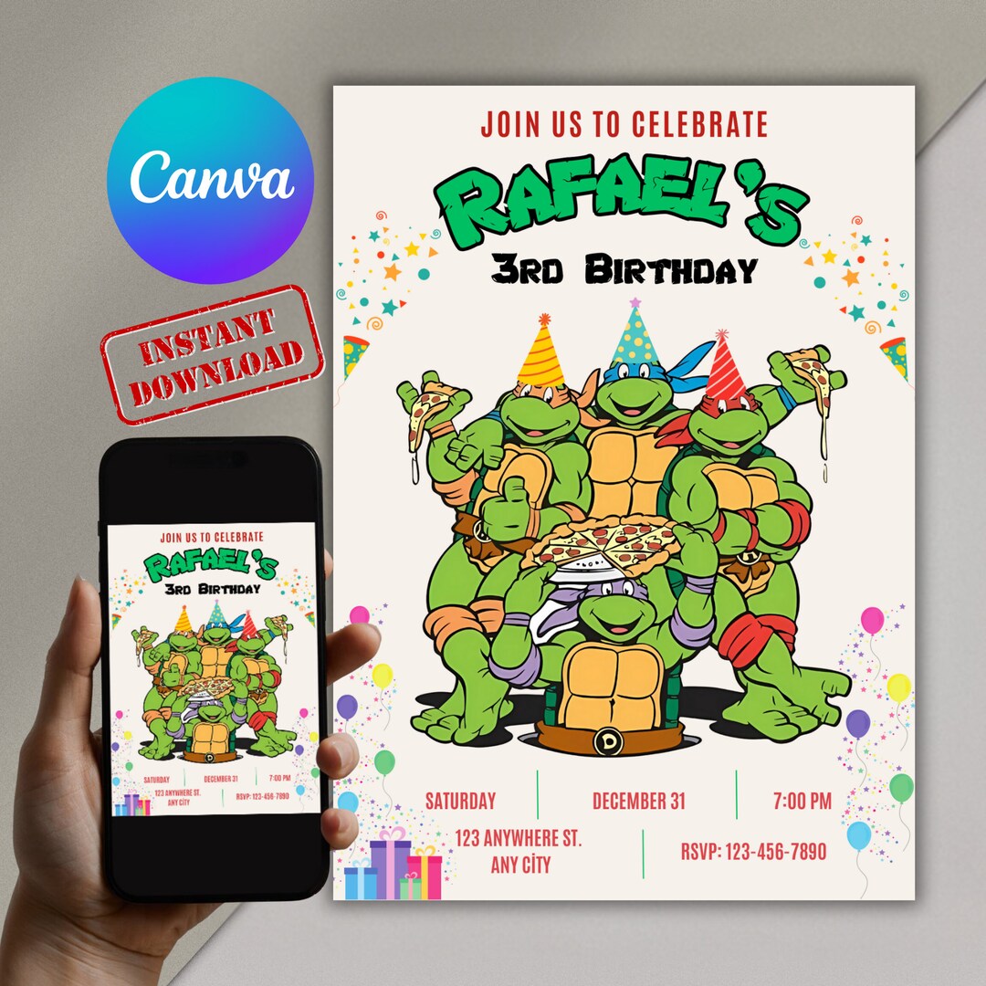 Editable Turtles Birthday Invitation, Template Printable Ninja Birthday ...