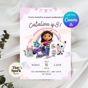 Edytowalne zaproszenie na urodziny Gabbys Dollhouse, różowe zaproszenie na urodziny Gabby dla dziewczynek, szablon Canva na urodziny Gabby Dollhouse do wydrukowania