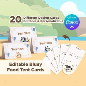 Bearbeitbare Bluey Bingo-Lebensmittelzeltkarte, 20er-Set, Benutzerdefinierte Kinder Jungen Mädchen Geburtstagsfeier Dekor Lebensmitteletikett, personalisieren bearbeitbare Canva-Vorlage