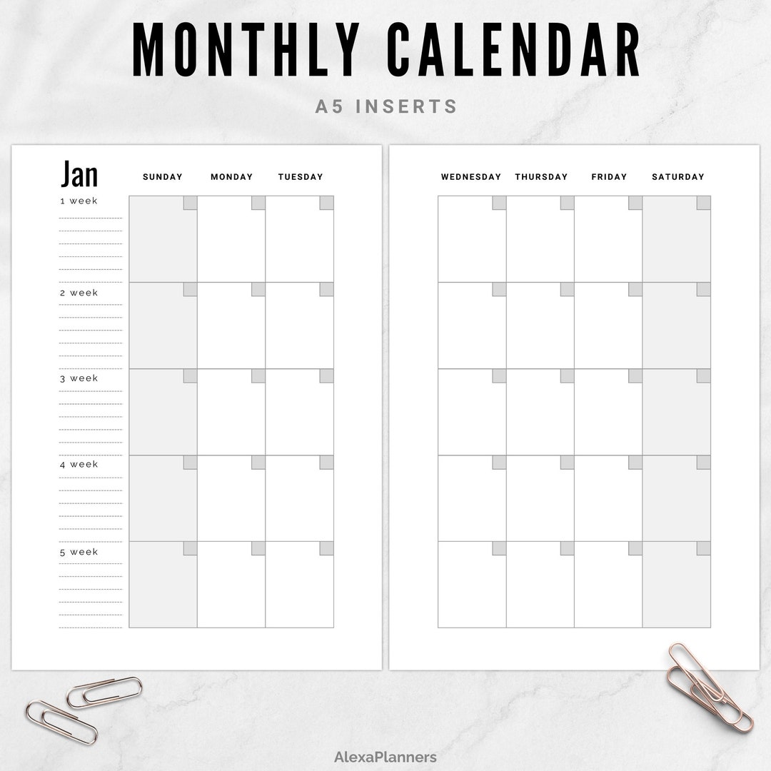 Monthly Calendar A5 Planner Inserts, Printable Undated Monthly Calendar ...