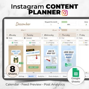 May include: Digital Instagram Content Planner with the text "Instagram CONTENT PLANNER" and the Instagram logo. The planner includes sections for December, with options for Reels, Posts, and analytics. It features a Google Sheets icon and the text "Google Sheets".