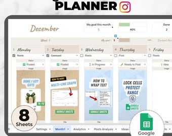 Instagram Content Planner with Analytics - Calendar, Feed Preview and Growth Tracker for Google Sheets