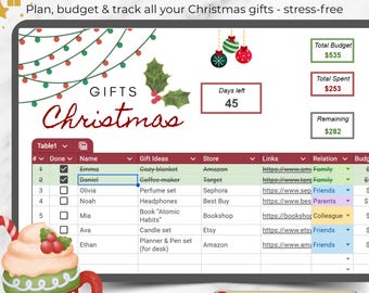 Weihnachtsgeschenk Tracker Google Sheets | Plane, Budget & Verfolge alle deine Geschenke – Sofort Download
