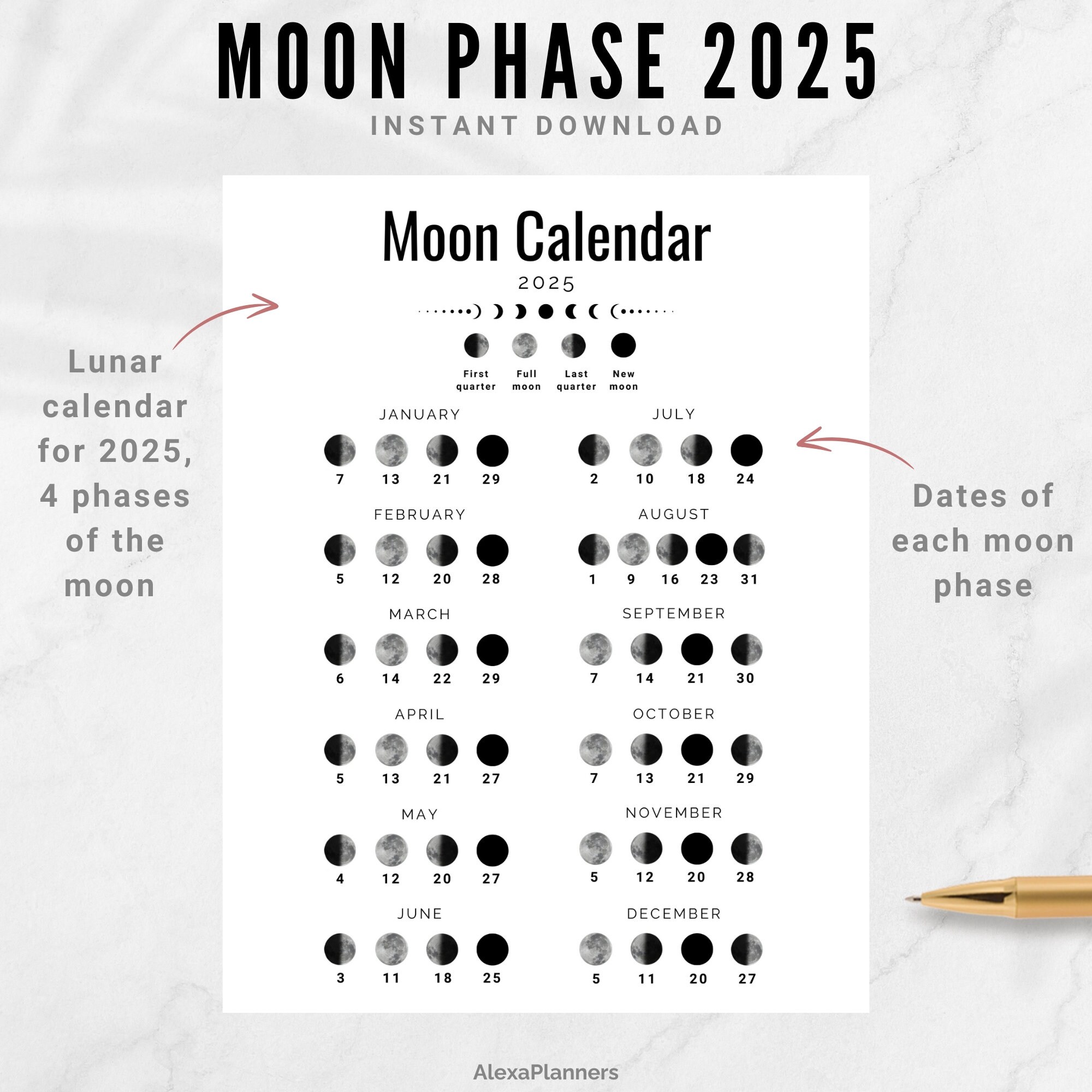 Moon Phase Calendar 2025, A4 / LETTER Size Lunar Calendar - Etsy