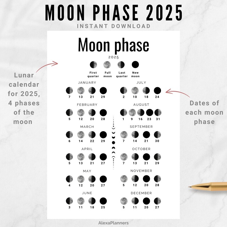Moon Phase Calendar 2025, Lunar Calendar, A5 Planner Inserts - Etsy