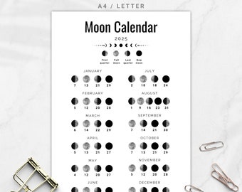 Moon Phase Calendar 2025, A4 / LETTER Size Lunar Calendar - Etsy