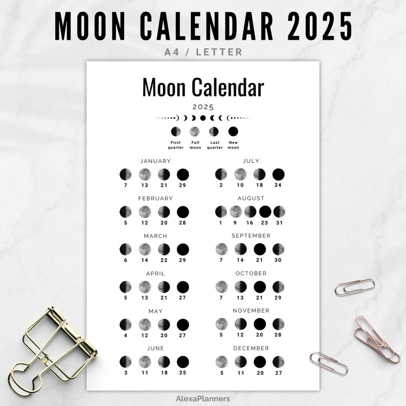 Moon Phase Calendar 2025, A4 / LETTER Size Lunar Calendar Etsy