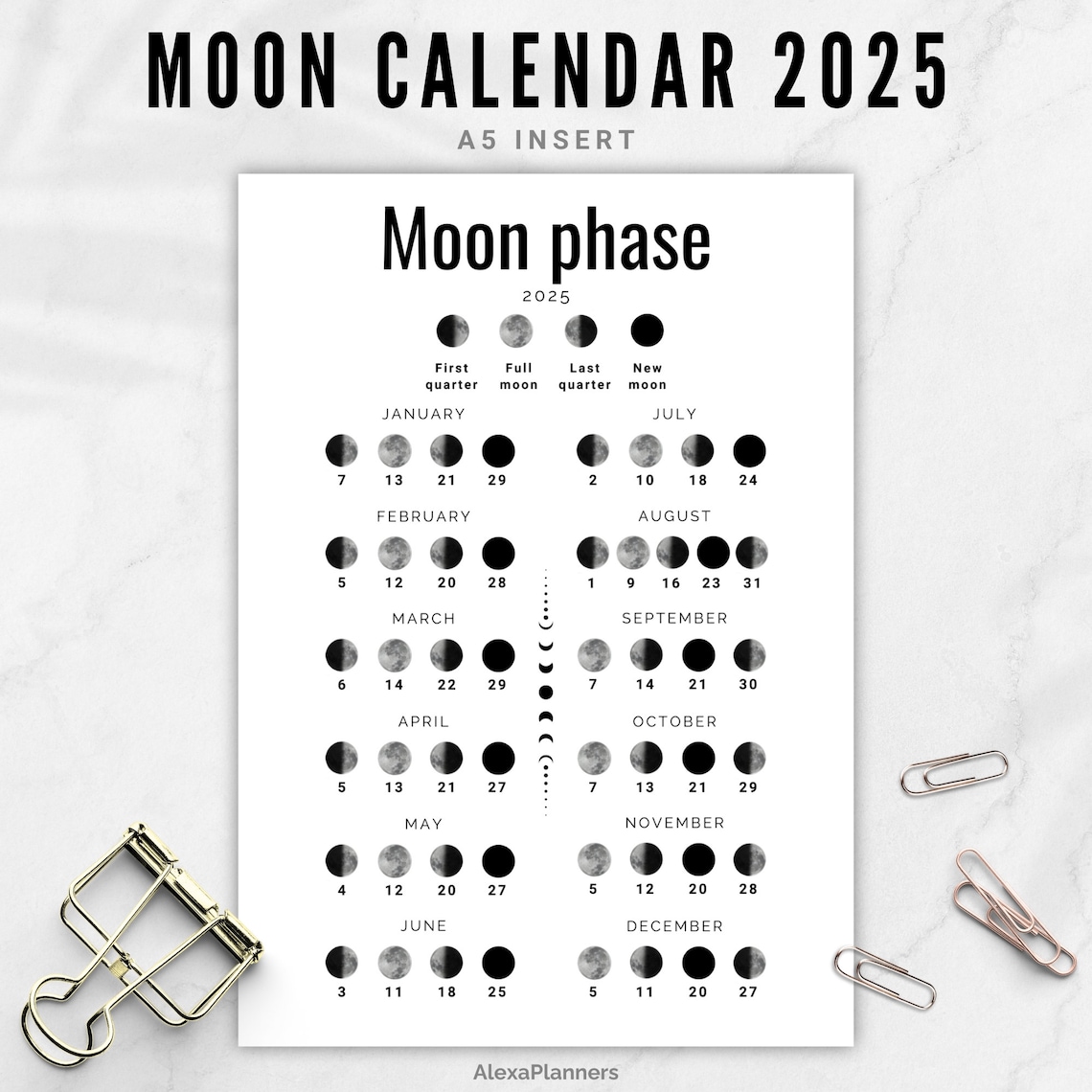 Moon Phase Calendar 2025, Lunar Calendar, A5 Planner Inserts - Etsy