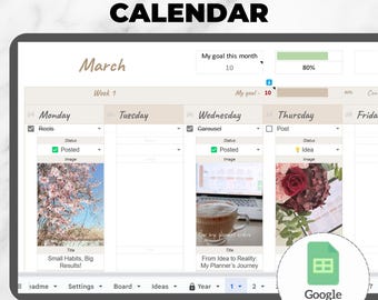 May include: Digital content calendar template on a tablet screen. The calendar is labeled "Annual Content Calendar" and shows a March layout with weekly and daily sections. The image includes the text "Start from any month!" and a Google Sheets logo.