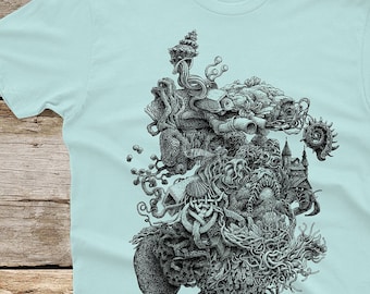 Surreal Tide Pool T-Shirt: Hand Screen Printed Ocean Art on Men's Graphic Tee, Weird Shirt, Unique Line Drawing Clothing