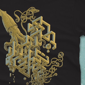 A surreal optical illusion drawing with a giant squid printed on a black T-shirt. The octopus is printed in yellow, gold and blue ink. From a drawing by Michael Phipps