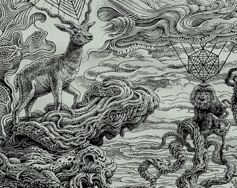 Fantasy Art T-Shirt: Blackbuck & Macaque Graphic Tee, Men's graphic shirt from Scatterbrain Tees